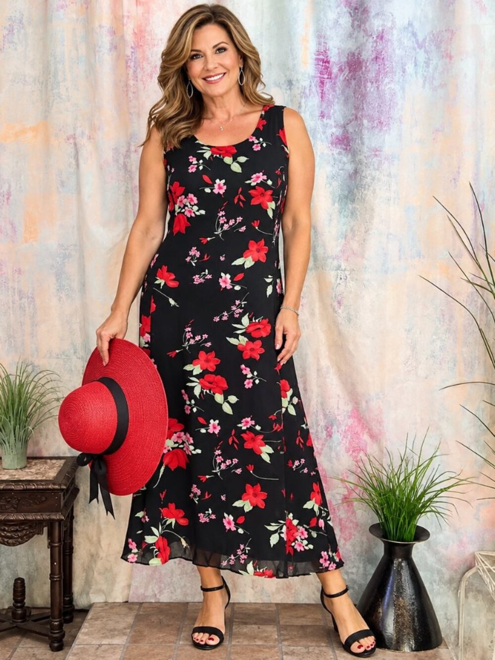 📌Studio One Georgette Fabric Floral Sleeveless Midi Dress